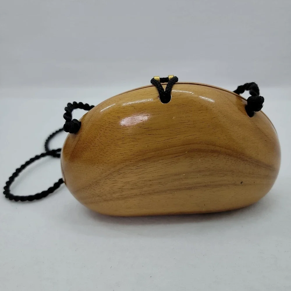 Timmy Woods Beverly Hills Handcrafted Clutch Bag Black Tassel Strap Acacia Wood